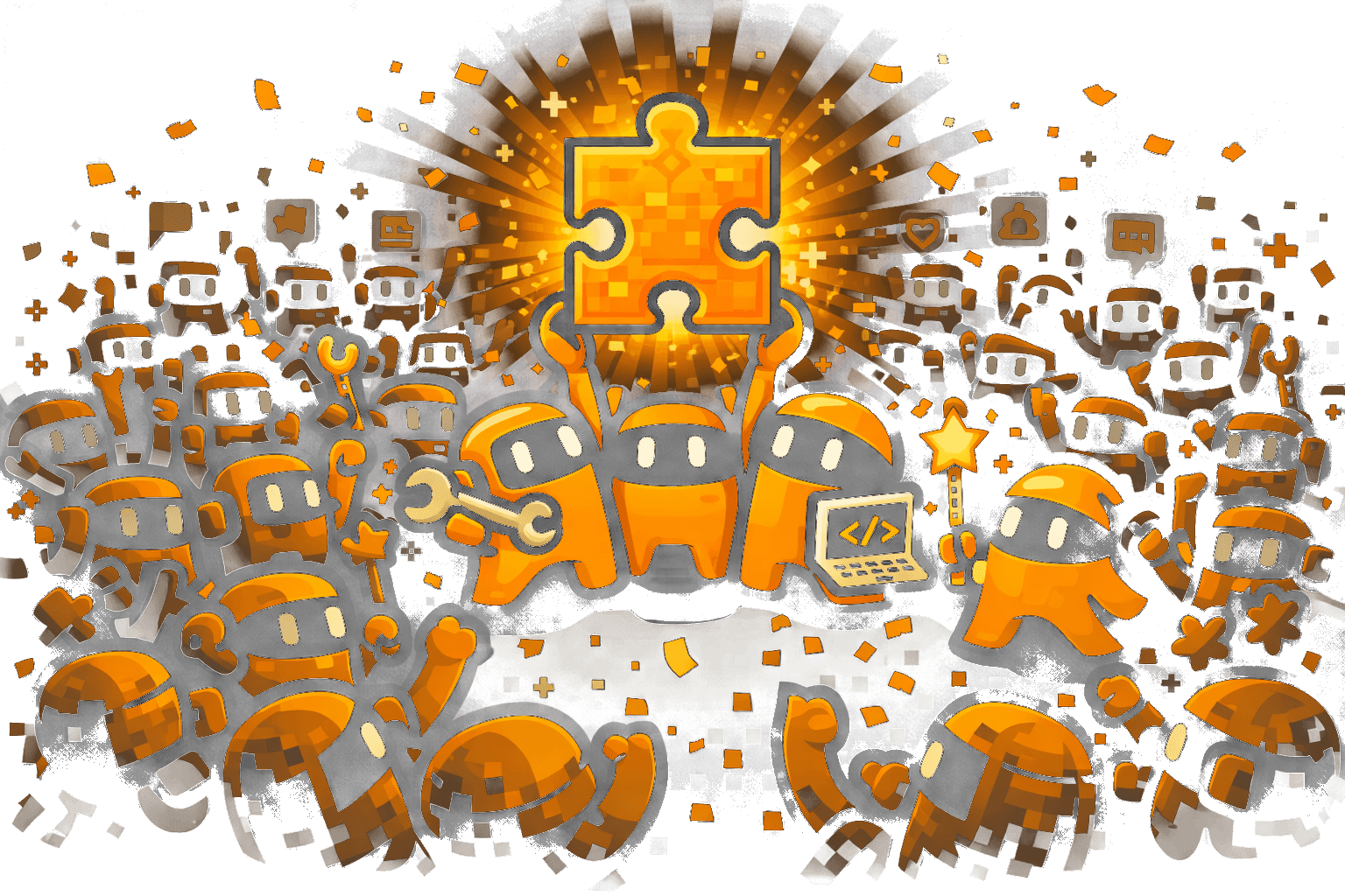 A team of AI agents working together to hold up a glowing puzzle piece